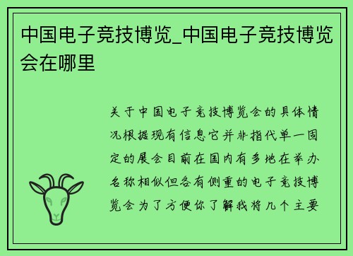 中国电子竞技博览_中国电子竞技博览会在哪里